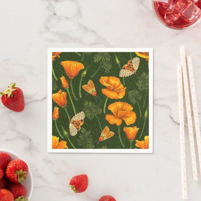 California poppies and moths on dark green napkin (Insitu)