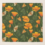 California poppies and moths on dark green scarf<br><div class="desc">Hand-painted California poppies and moths- Garden tiger and bella moth</div>