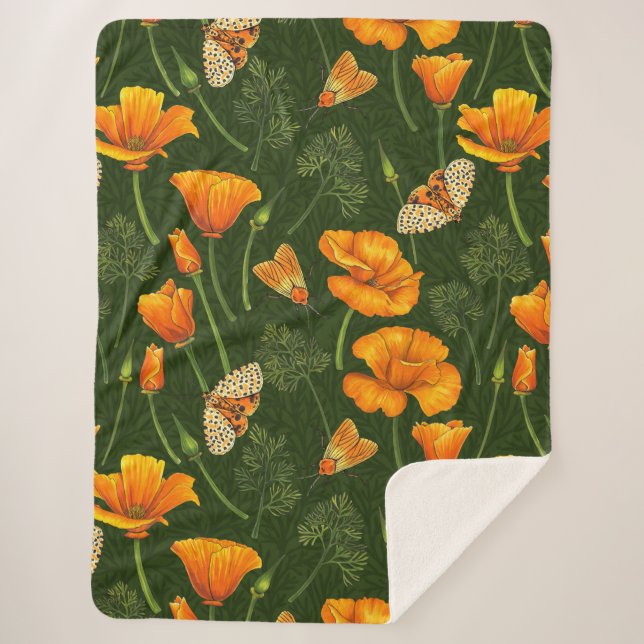 California poppies and moths on dark green sherpa blanket (Front)
