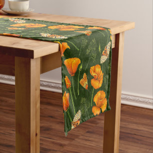 California poppies and moths on dark green short table runner