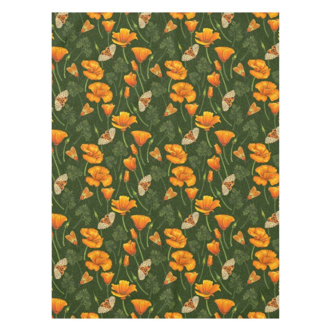 California poppies and moths on dark green tablecloth (Front)