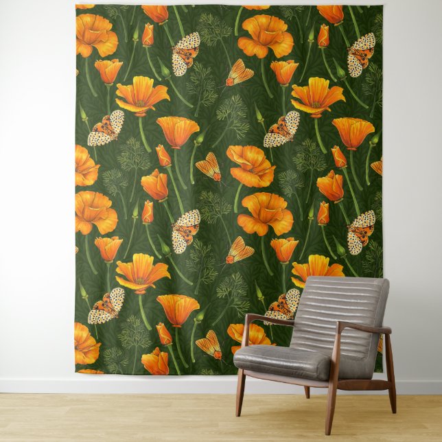 California poppies and moths on dark green tapestry (In Situ)