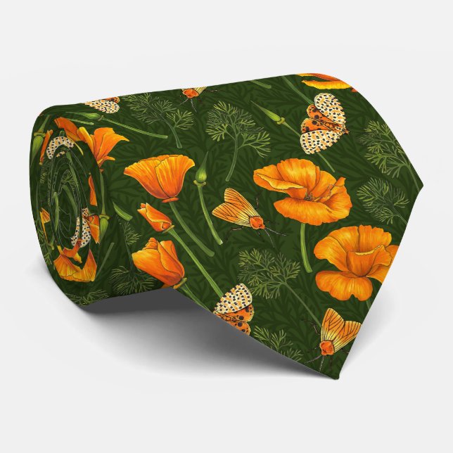 California poppies and moths on dark green tie (Rolled)