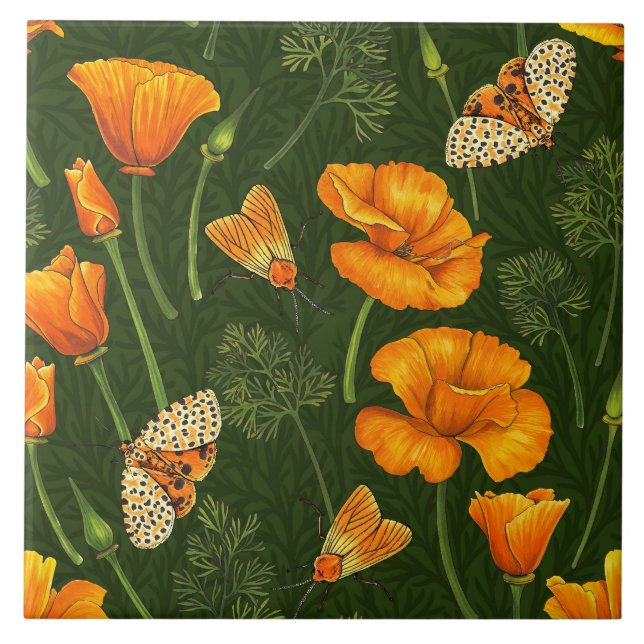 California poppies and moths on dark green tile (Front)