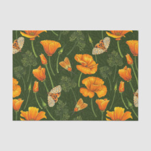 California poppies and moths on dark green tissue paper