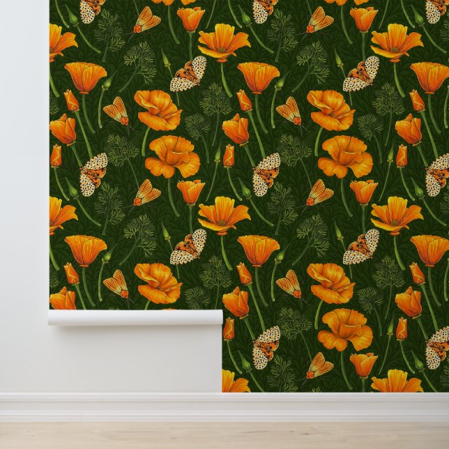 California poppies and moths on dark green wallpaper (Application)