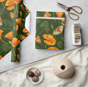 California poppies and moths on dark green wrapping paper