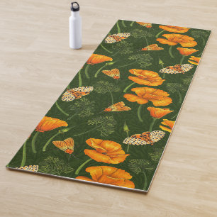 California poppies and moths on dark green yoga mat