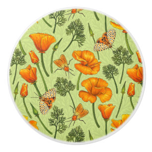 California poppies and moths on honey dew ceramic knob