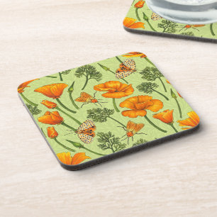 California poppies and moths on honey dew coaster