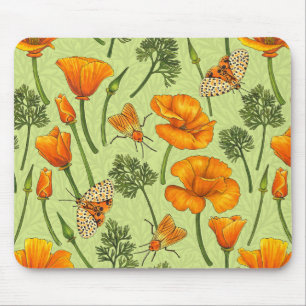 California poppies and moths on honey dew mouse mat