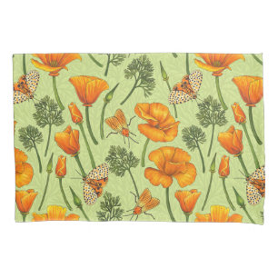California poppies and moths on honey dew pillowcase
