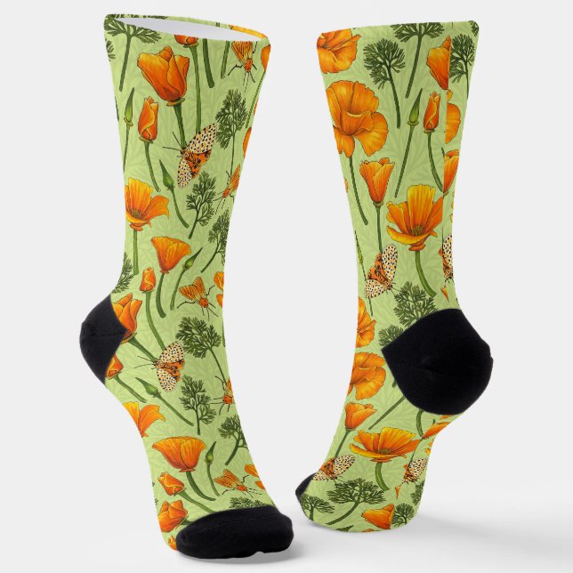 California poppies and moths on honey dew socks (Angled)