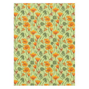 California poppies and moths on honey dew tablecloth