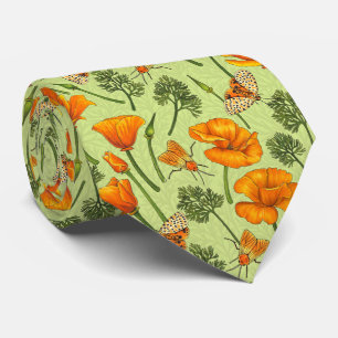 California poppies and moths on honey dew tie