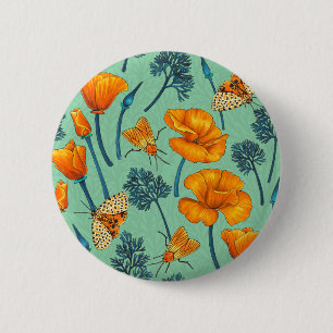 California poppies and moths on jade 6 cm round badge