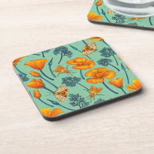 California poppies and moths on jade coaster