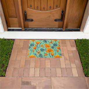 California poppies and moths on jade doormat