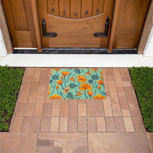 California poppies and moths on jade doormat (Outdoor)