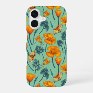 California poppies and moths on jade iPhone 16 case
