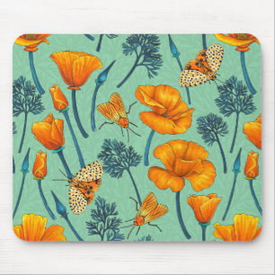 California poppies and moths on jade mouse mat