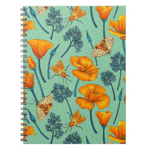 California poppies and moths on jade notebook