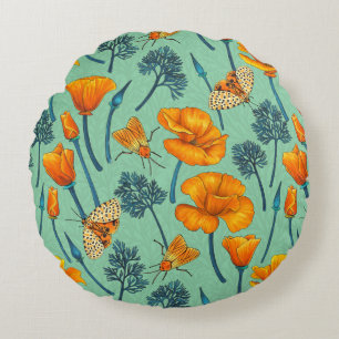 California poppies and moths on jade round cushion
