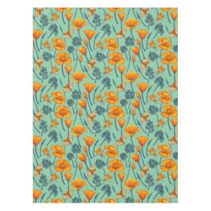 California poppies and moths on jade tablecloth
