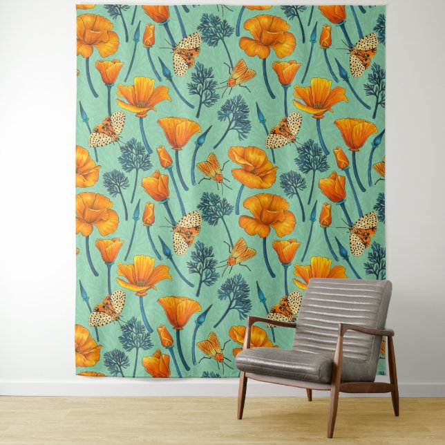 California poppies and moths on jade tapestry (In Situ)
