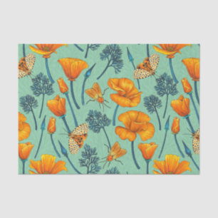 California poppies and moths on jade tissue paper