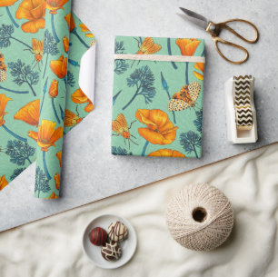 California poppies and moths on jade wrapping paper