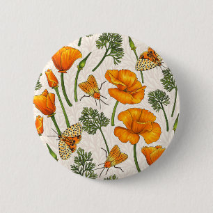 California poppies and moths on off white 2 6 cm round badge