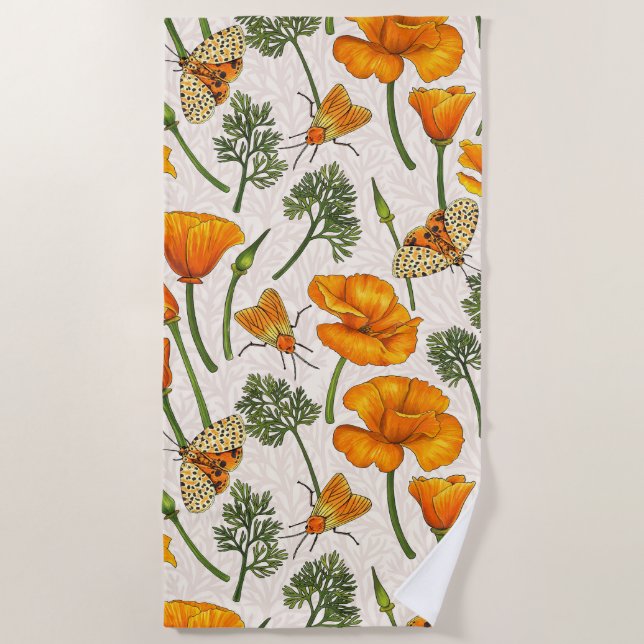 California poppies and moths on off white 2 beach towel (Front)