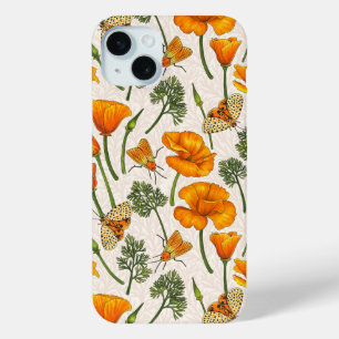 California poppies and moths on off white 2 iPhone 15 mini case