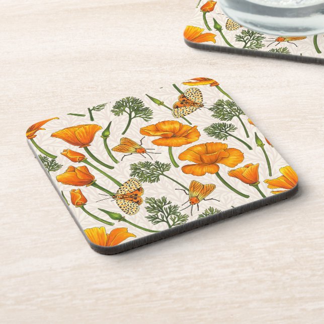 California poppies and moths on off white 2 coaster (Left Side)