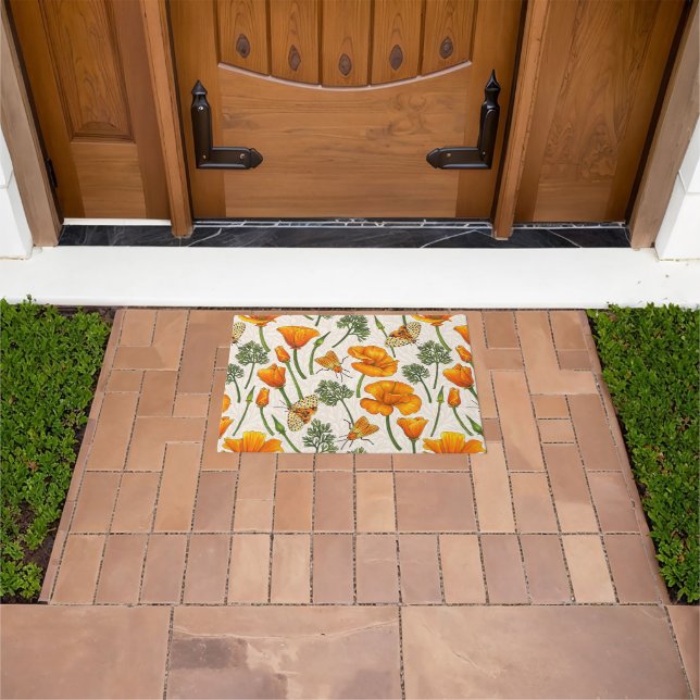 California poppies and moths on off white 2 doormat (Outdoor)