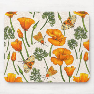 California poppies and moths on off white 2 mouse mat