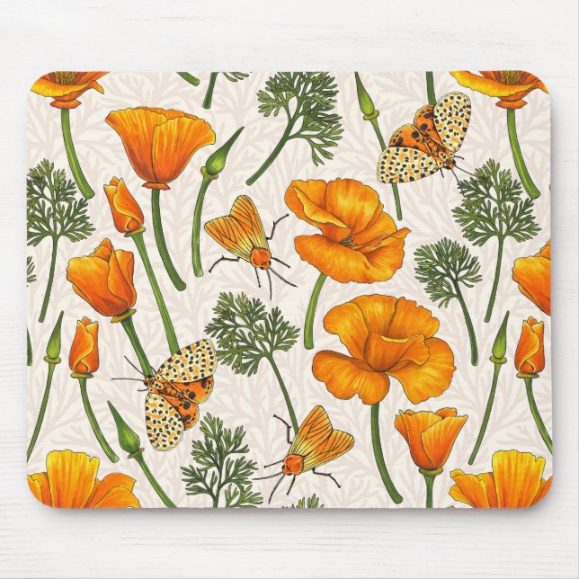 California poppies and moths on off white 2 mouse mat (Front)