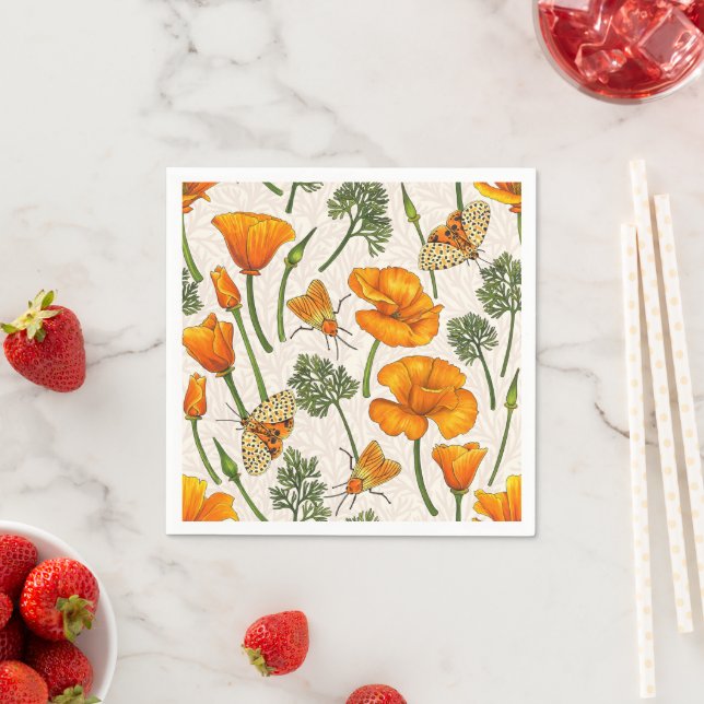 California poppies and moths on off white 2 napkin (Insitu)