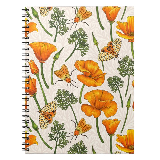 California poppies and moths on off white 2 notebook (Front)