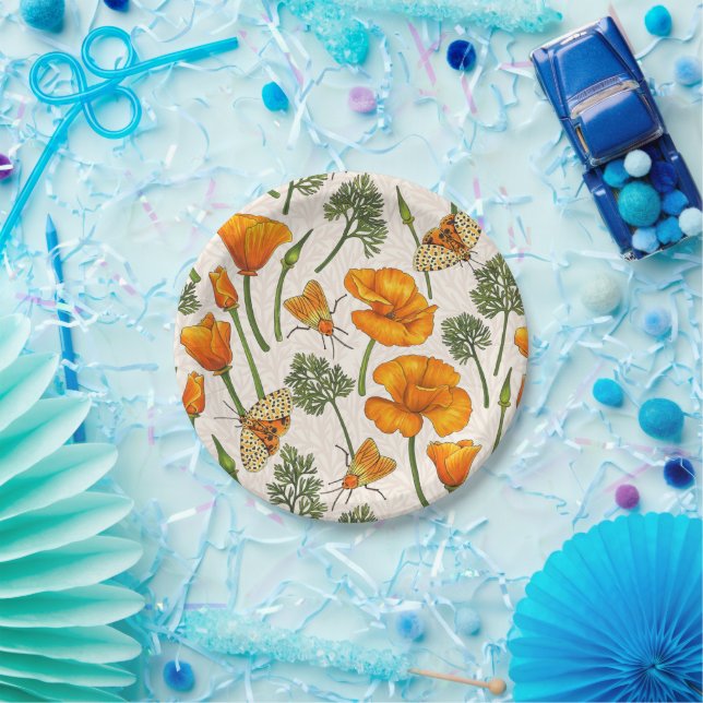 California poppies and moths on off white 2 paper plate (Party)