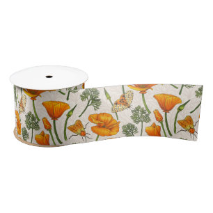 California poppies and moths on off white 2 satin ribbon