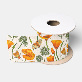 California poppies and moths on off white 2 satin ribbon