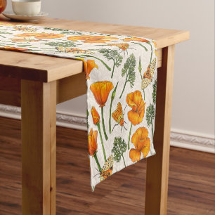 California poppies and moths on off white 2 short table runner