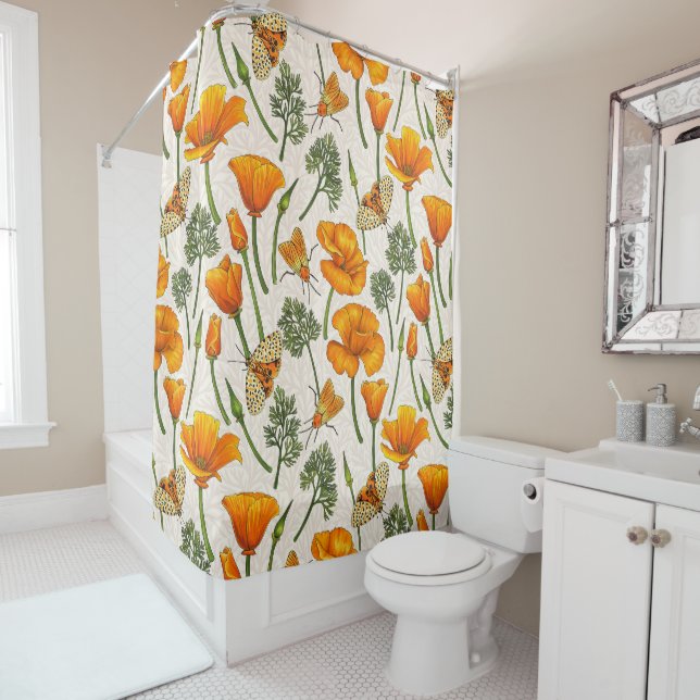 California poppies and moths on off white 2 shower curtain (In Situ)