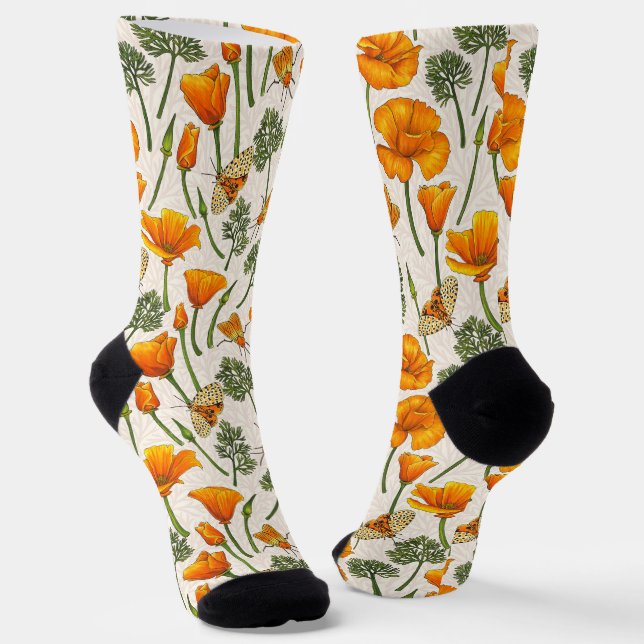 California poppies and moths on off white 2 socks (Angled)