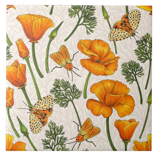 California poppies and moths on off white 2 tile (Front)