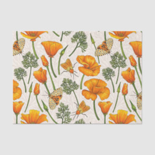 California poppies and moths on off white 2 tissue paper