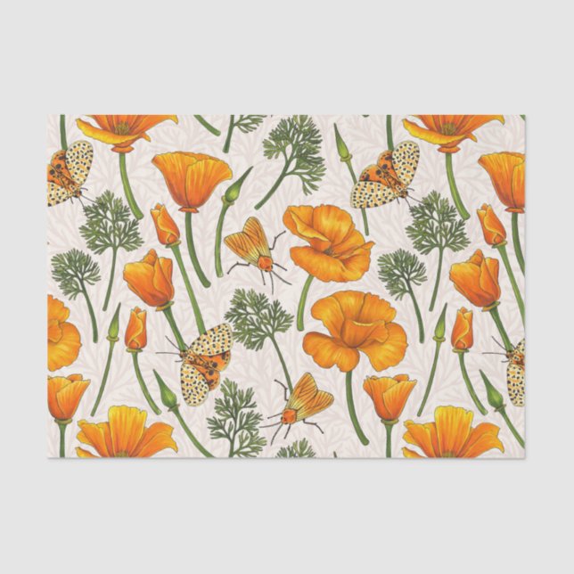 California poppies and moths on off white 2 tissue paper (Front)
