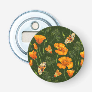 California poppies and moths on off white bottle opener
